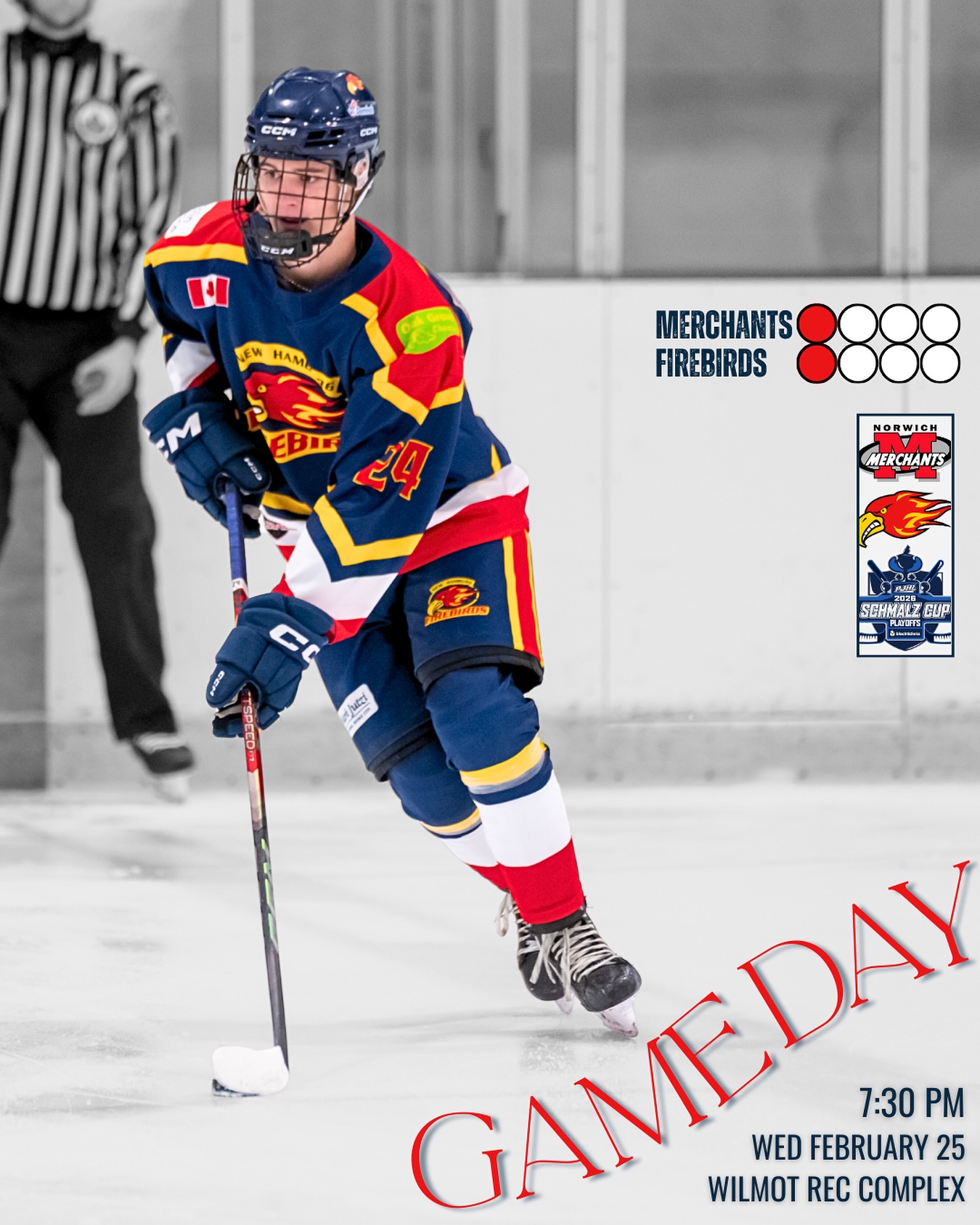 GAME DAY

This week Wednesday means game day🚨 Head out to Wilmot Rec Complex tonight to watch Game 3 of the playoff series as we face the Norwich Merchants! Puck drop @ 7:30pm. The series is tied 1-1 right now and we’re looking to earn 2 big points🔥🐥Let’s go boys! #TheNest #GoBirdsGo